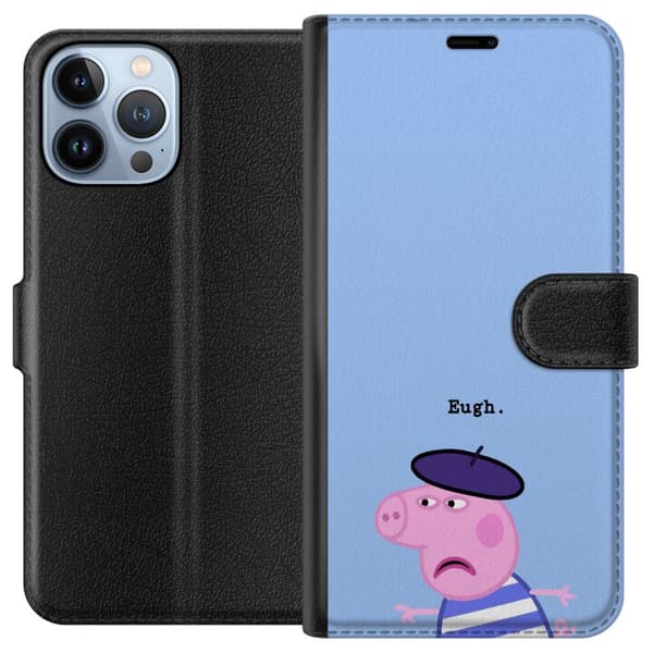 Kompatibel Tegnebogsetui til Apple iPhone 13 Pro Max Peppa Pig-motiv med lilla basker, stribet trøje og teksten Eugh på lyseblå baggrund blå