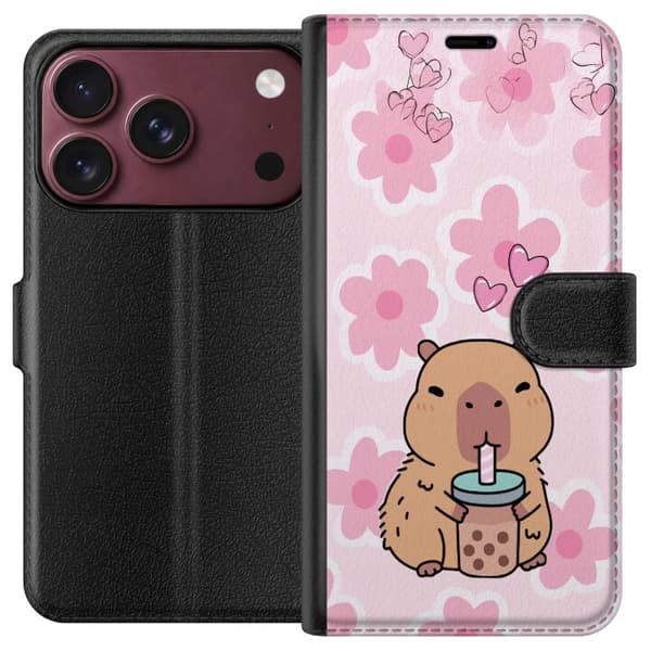 Kompatibel Tegnebogsetui til Apple iPhone 18 Pro Max Sød tegnet kapybara med bubble tea, lyserøde hjerter og store blomster på en legesyg lyserød bag pink