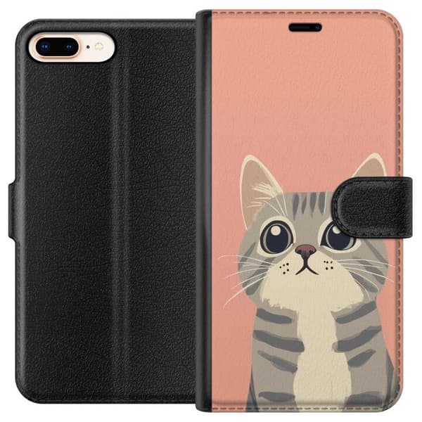 Kompatibel Tegnebogsetui til Apple iPhone 8 Plus Söt grå katt mot rosa bakgrund pink
