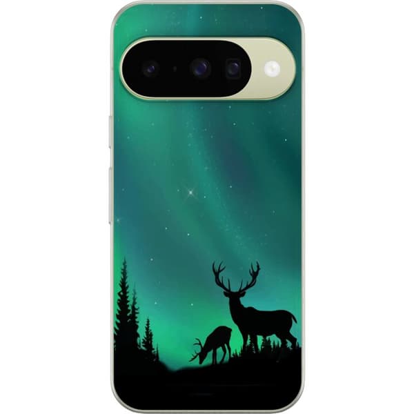 Kompatibelt Mobildeksel til Google Pixel 10 Hjortar i siluett under norrsken