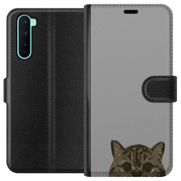 OnePlus Nord Plånboksfodral Grå Kattblick – stilren kattdesign med grå bakgrund