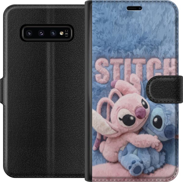 Kompatibel Tegnebogsetui til Samsung Galaxy S10 Bløde lyserøde og blå Stitch-bamser med fluffy baggrund i sød kawaii-stil blå