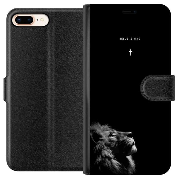 Yhteensopiva Lompakkokotelo Apple iPhone 8 Plus Lejon med Jesus is King citat musta