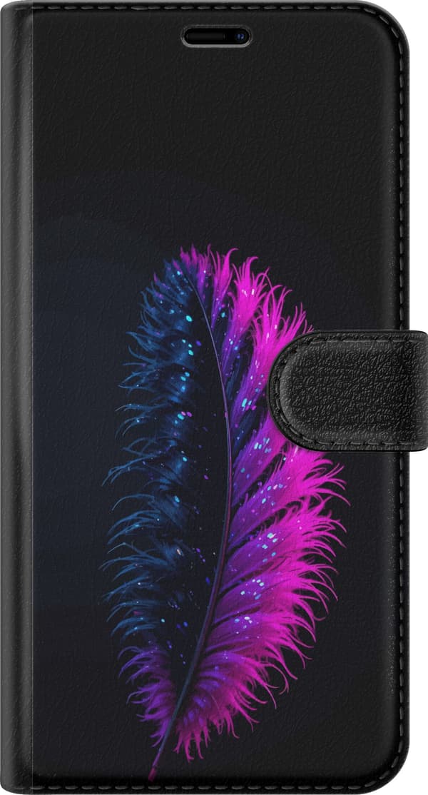 Kompatibel Tegnebogsetui til Apple iPhone XR Lang blå og lyserød fjer med små lysende prikker på sort baggrund lilla