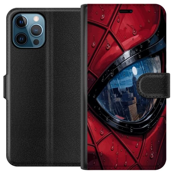 Kompatibelt Lommeboketui til Apple iPhone 12 Pro Max Nærbilde av Spider-Man-maske med regndråper og byrefleksjon i øyet rød