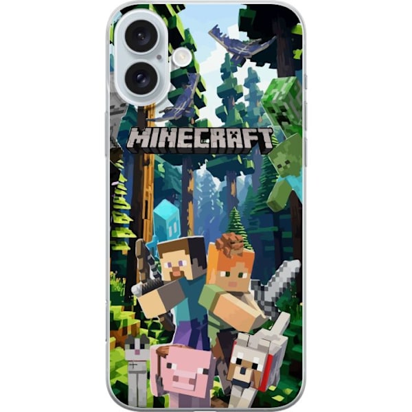 Apple iPhone 16 Plus Genomskinligt Skal Minecraft mobilskal med skog och figurer i pixelstil