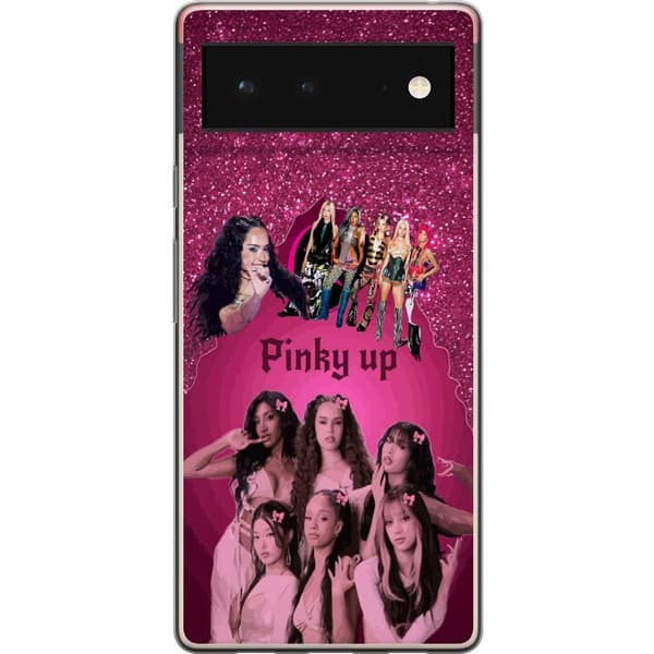 Kompatibelt Mobildeksel til Google Pixel 6 KATSEYE i rosa collage med sløyfer, glitrende bakgrunn og mørk dekorativ tekst rosa