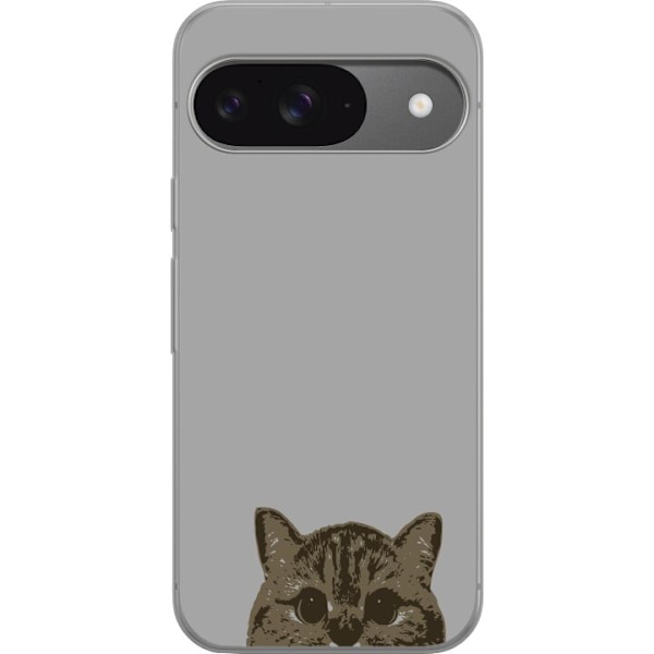 Google Pixel 9 Pro Genomskinligt Skal Grå Kattblick – stilren kattdesign med grå bakgrund