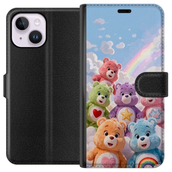 Kompatibel Tegnebogsetui til Apple iPhone 15 Plus Søde farverige bamser med hjerter, stjerne og regnbue blandt bløde skyer blå