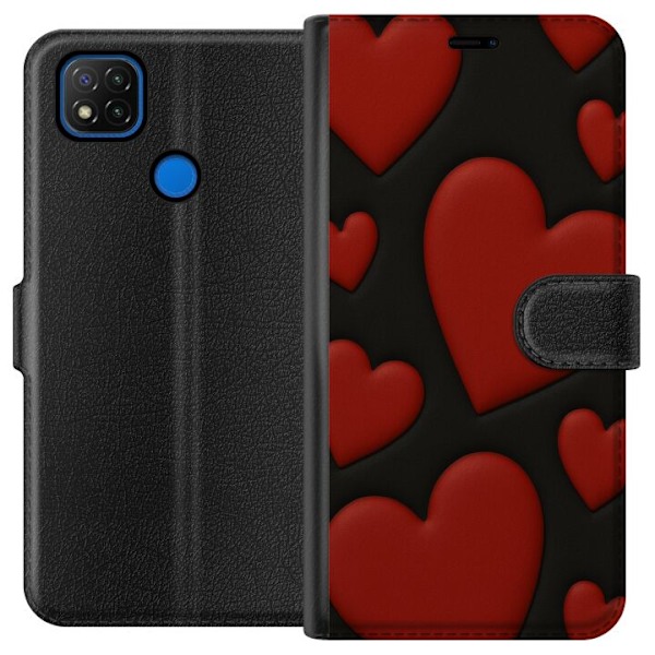 Xiaomi Redmi 9C Tegnebogsetui Rød Fløjlshjerter