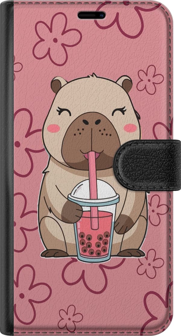 Kompatibel Tegnebogsetui til Apple iPhone 7 Plus Brun kapivar, der drikker lyserød bubble tea blandt blomster på lyserød baggrund pink