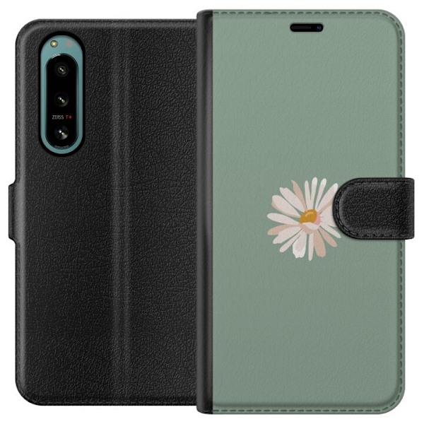 Sony Xperia 5 IV Lompakkokotelo Vihreä Minimalikukka - tyylikäs kukka vihreällä taustalla