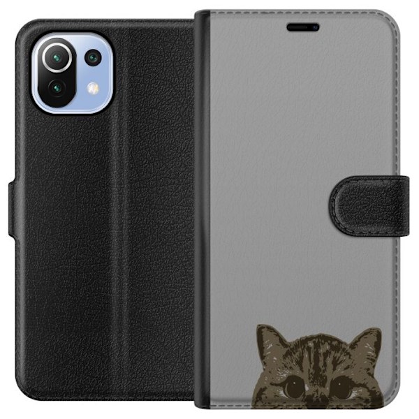 Xiaomi Mi 11 Lite Plånboksfodral Grå Kattblick – stilren kattdesign med grå bakgrund