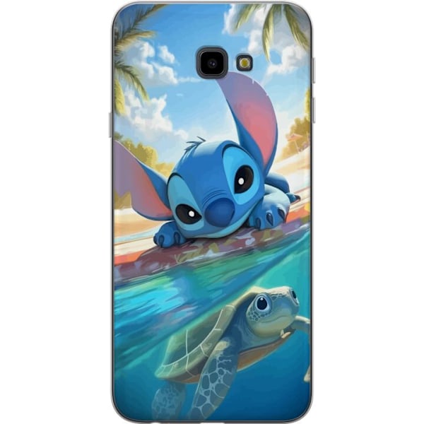 Samsung Galaxy J4+ Genomskinligt Skal Stitch med sköldpadda – söt blå alien i tropisk strandmiljö från Disney