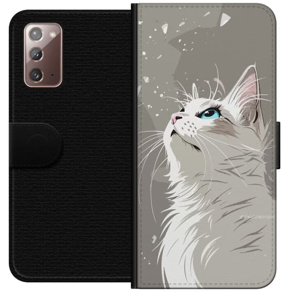 Kompatibel Tegnebogsetui til Samsung Galaxy Note20 Stilren illustration af en hvid kat med blå øjne, der kigger opad mod en grå baggrund grå