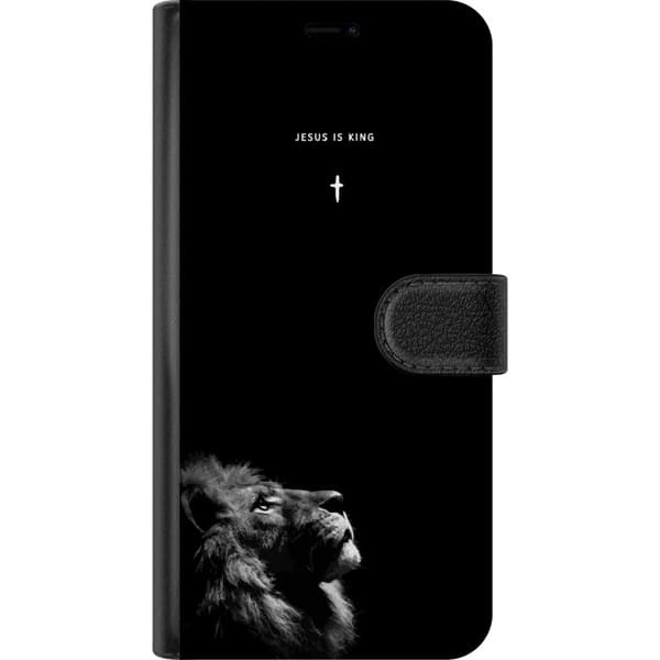 Kompatibelt Lommeboketui til Apple iPhone 16 Plus Lejon med Jesus is King citat svart