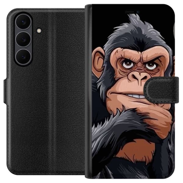 Kompatibel Tegnebogsetui til Samsung Galaxy S25 FE Illustreret chimpanse med cigar, der viser langfingeren mod sort baggrund sort