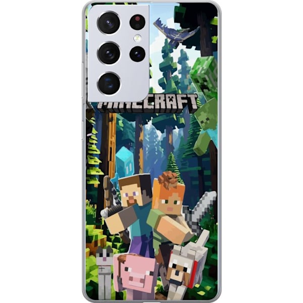 Samsung Galaxy S21 Ultra 5G Läpinäkyvä kuori Minecraft-matkapuhelinkotelo metsällä ja pikselityylisillä hahmoilla