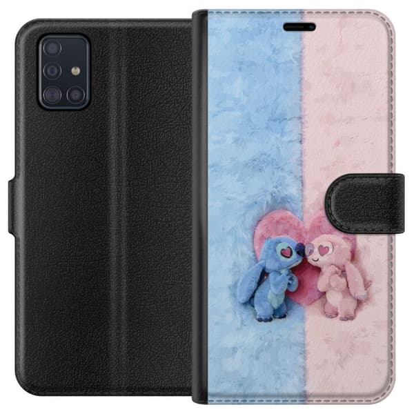 Kompatibel Tegnebogsetui til Samsung Galaxy A51 Søde blå og lyserøde figurer foran et stort lyserødt hjerte pink