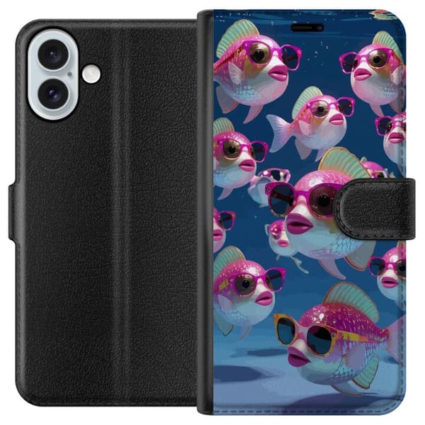 Kompatibel Tegnebogsetui til Apple iPhone 16 Plus Fiskar med solglasögon blå