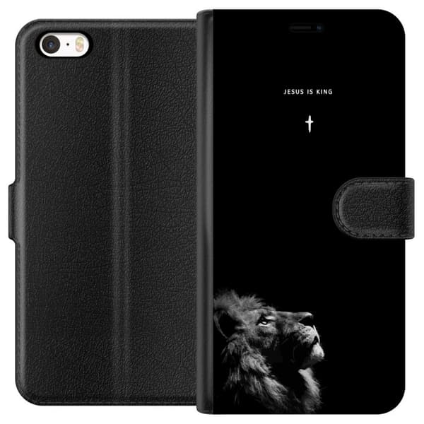 Kompatibel Tegnebogsetui til Apple iPhone SE (2016) Lejon med Jesus is King citat sort