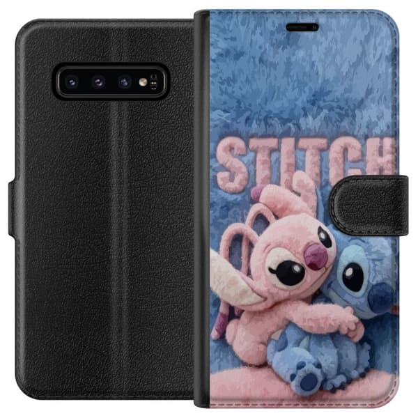 Kompatibel Tegnebogsetui til Samsung Galaxy S10 Bløde lyserøde og blå Stitch-bamser med fluffy baggrund i sød kawaii-stil blå