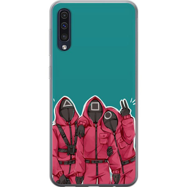 Samsung Galaxy A50 Genomskinligt Skal Squid Game Karaktärer Grafisk Design Seriefigurer Populär TV Motiv Asiatisk Stil Spännande Trend