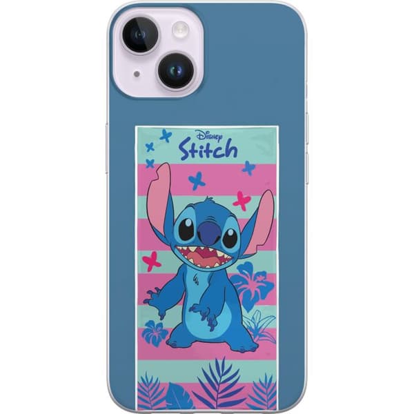 Kompatibelt Mobildeksel til Apple iPhone 15 Plus Stitch med tropiske blader og pastellstriper blå