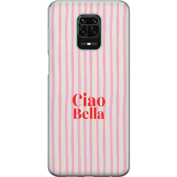 Kompatibelt Mobildeksel til Xiaomi Redmi Note 9 Pro Ciao Bella tekstmotiv med røde bokstaver og rosa-beige striper, leken retrodesign rosa