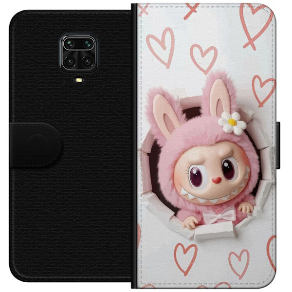Xiaomi Redmi Note 9 Pro Plånboksfodral Labubu Hjärtbakgrund Pop Mart Kärlek Tema Figur Design Populärt Motiv Samlarfigur Art Toy Serie