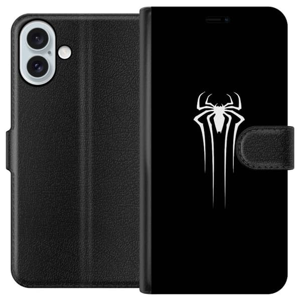 Kompatibel Tegnebogsetui til Apple iPhone 16 Plus Minimalistisk hvidt edderkoppesymbol med lange ben på sort baggrund sort