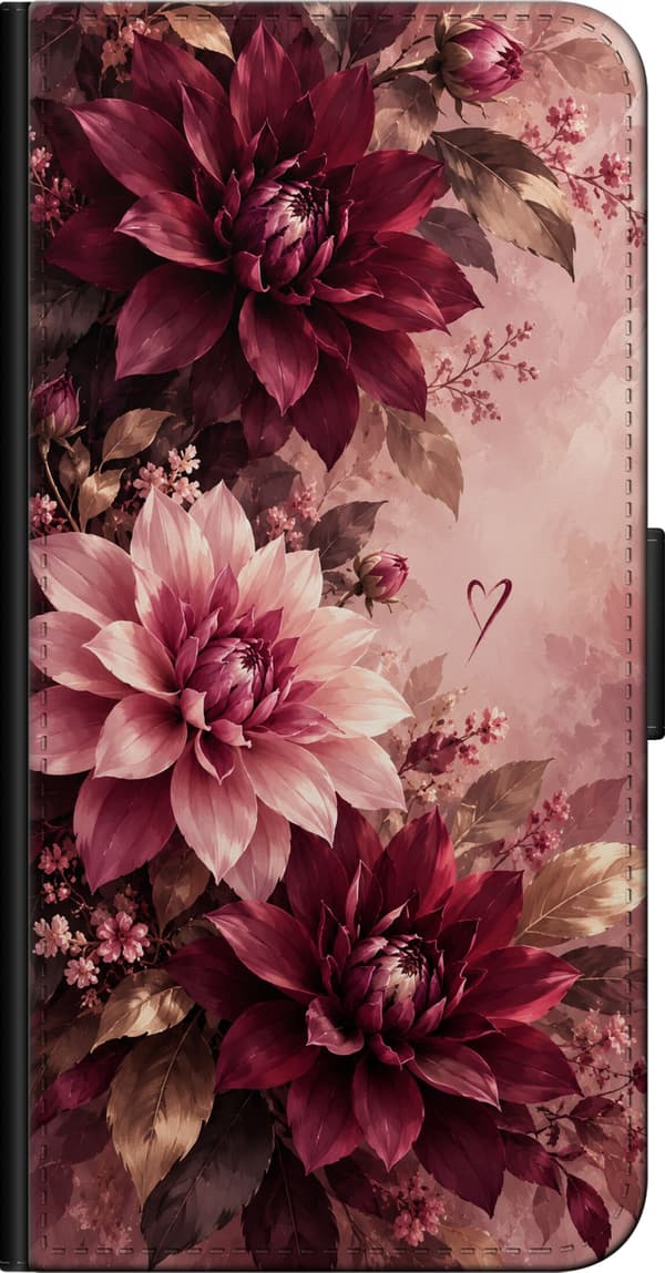 Kompatibelt Plånboksfodral till Xiaomi Redmi Note 9 Pro Vinröda dahlior rosa