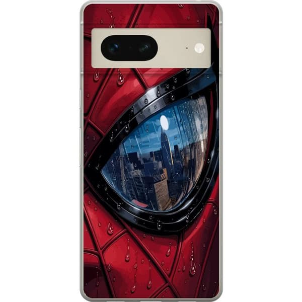 Kompatibelt Mobildeksel til Google Pixel 7 Nærbilde av Spider-Man-maske med regndråper og byrefleksjon i øyet rød