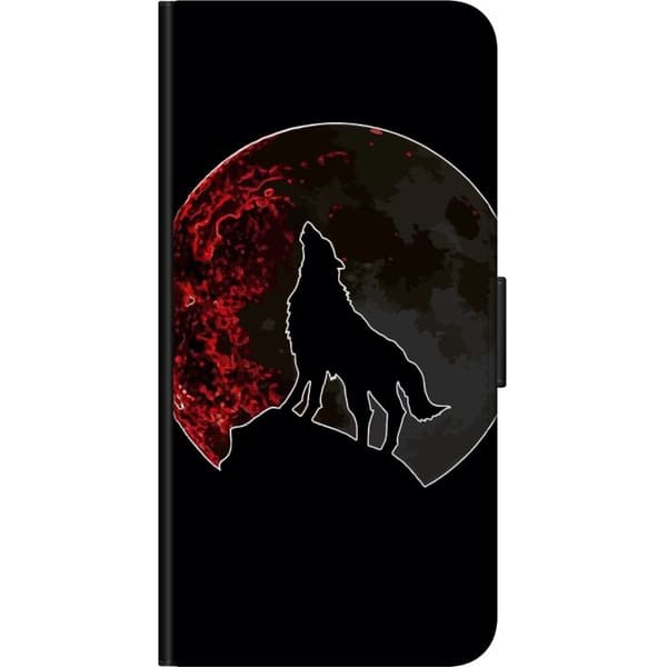 Kompatibel Tegnebogsetui til Huawei P40 lite E Sort silhuet af en hylende ulv foran en dramatisk rød måne mod sort baggrund sort