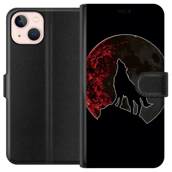 Kompatibel Tegnebogsetui til Apple iPhone 13 Sort silhuet af en hylende ulv foran en dramatisk rød måne mod sort baggrund sort