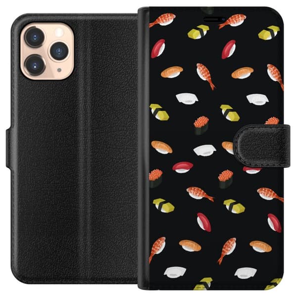 Kompatibel Tegnebogsetui til Apple iPhone 11 Pro Mønster med sushi, nigiri, rejer og rogn mod sort baggrund sort