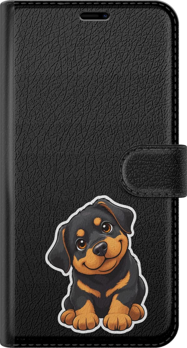 Kompatibel Tegnebogsetui til OnePlus 11 Rottweilervalp - Sort motiv med rottweilervalp med et glad udtryk. sort