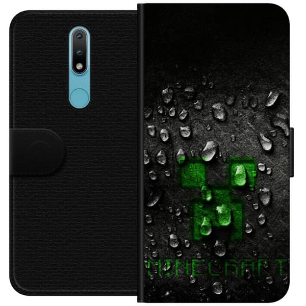 Kompatibel Tegnebogsetui til Nokia 2.4 Grøn pixelikon på sort baggrund med realistiske vanddråber sort