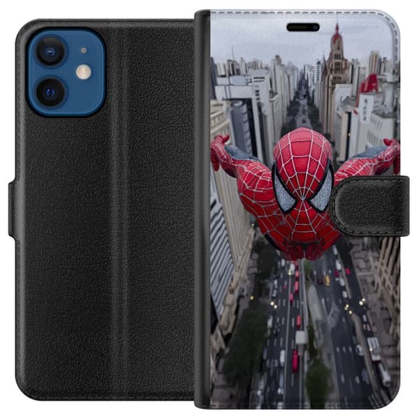 Kompatibelt Plånboksfodral till Apple iPhone 12 mini Spiderman flyger över stad Marvel superhero action scen city skyline dynamic pose comic hero red