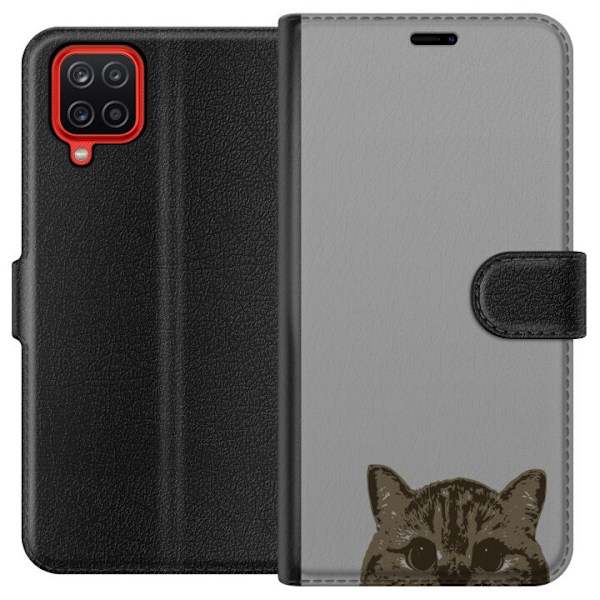 Samsung Galaxy A12 Plånboksfodral Grå Kattblick – stilren kattdesign med grå bakgrund