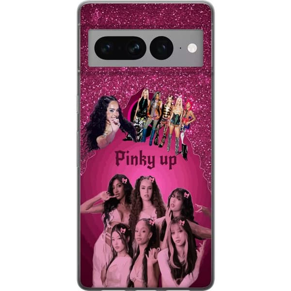 Kompatibelt Mobildeksel til Google Pixel 7 Pro KATSEYE i rosa collage med sløyfer, glitrende bakgrunn og mørk dekorativ tekst rosa