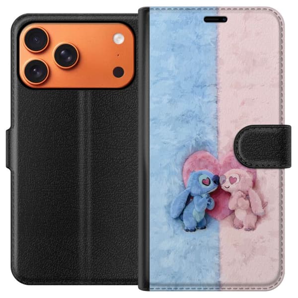 Kompatibel Tegnebogsetui til Apple iPhone 17 Pro Max Søde blå og lyserøde figurer foran et stort lyserødt hjerte pink
