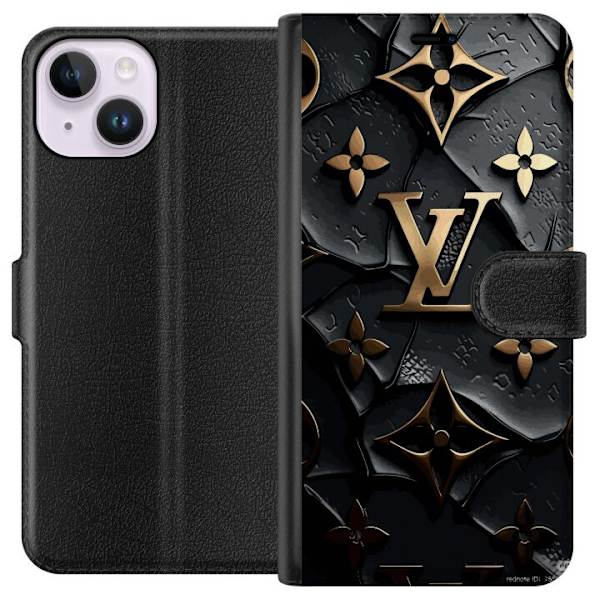 Apple iPhone 14 Plånboksfodral Louis Vuitton Dark Mode Design Svart Lyx Stil Fashion Populärt Grafiskt Mönster Modeikon Lyxmärke