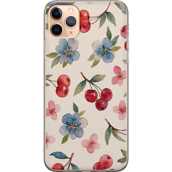 Apple iPhone 11 Pro Max Läpinäkyvä kuori Marjat & Kukat - kuvio, jossa on sinisiä kukkia ja metsänmarjoja