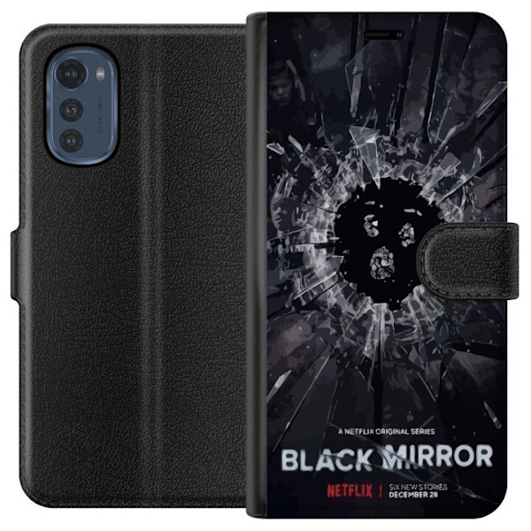 Motorola Moto E32s Lompakkokotelo Black Mirror Sci-Fi Netflix -sarja Dystopia Teknologia Cyberpunk Synkkä TV Videopeli Teema