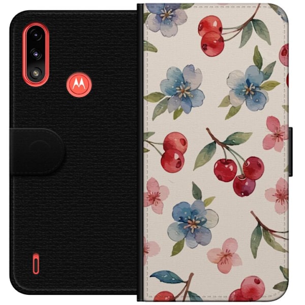 Motorola Moto E7 Power Tegnebogsetui Bær & Blomster - mønste