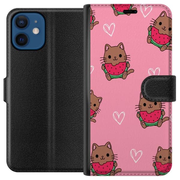 Kompatibel Tegnebogsetui til Apple iPhone 12 mini Kat med vandmelon på lyserød baggrund