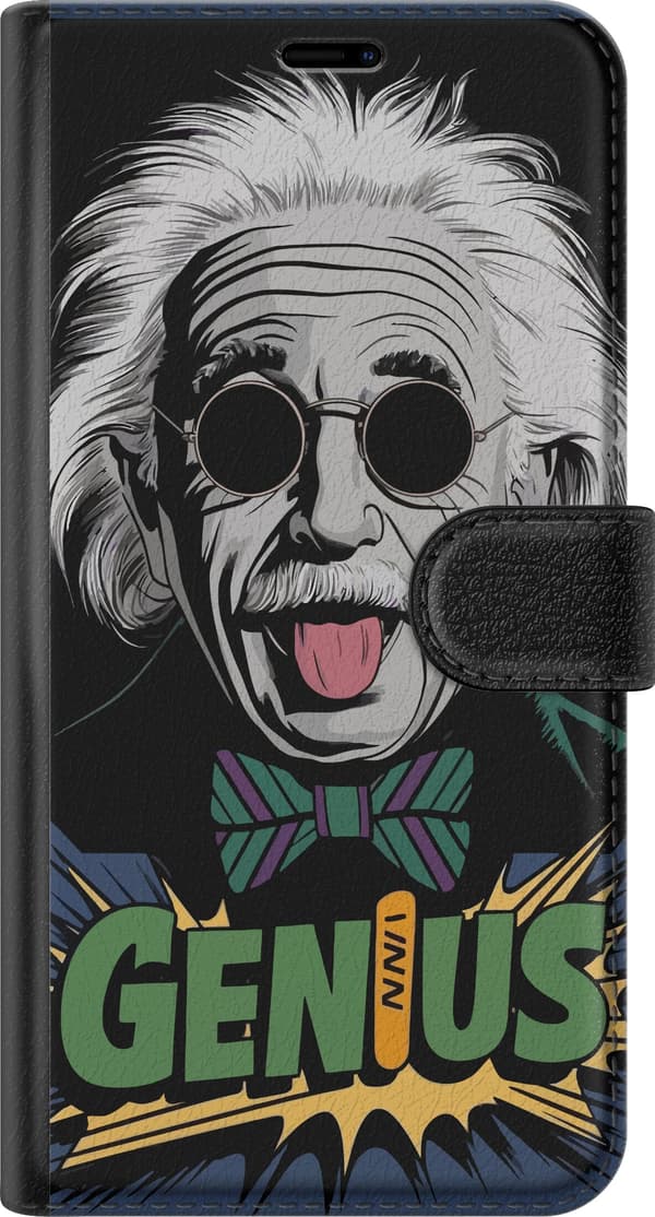 Kompatibelt Plånboksfodral till Apple iPhone 17e Tecknad Albert Einstein med solglasögon, utsträckt tunga och grön Genius-text svart