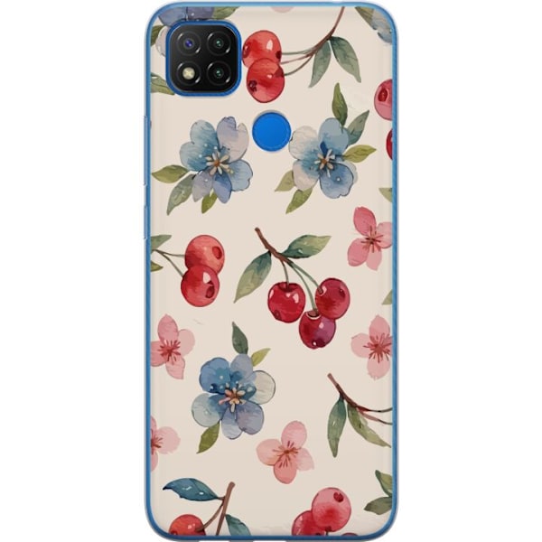 Xiaomi Redmi 9C NFC Genomskinligt Skal Bär & Blommor – mönster med blå blommor och skogsbär