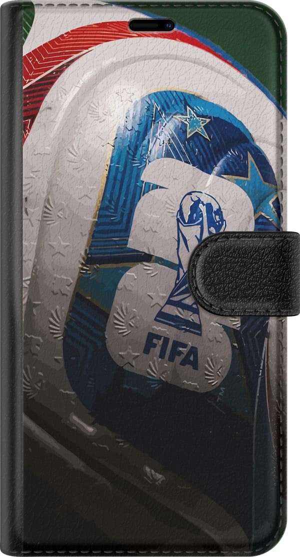 Kompatibelt Plånboksfodral till Apple iPhone 15 Pro Max Närbild på mästerskapsfotboll i vitt, blått och rött vit